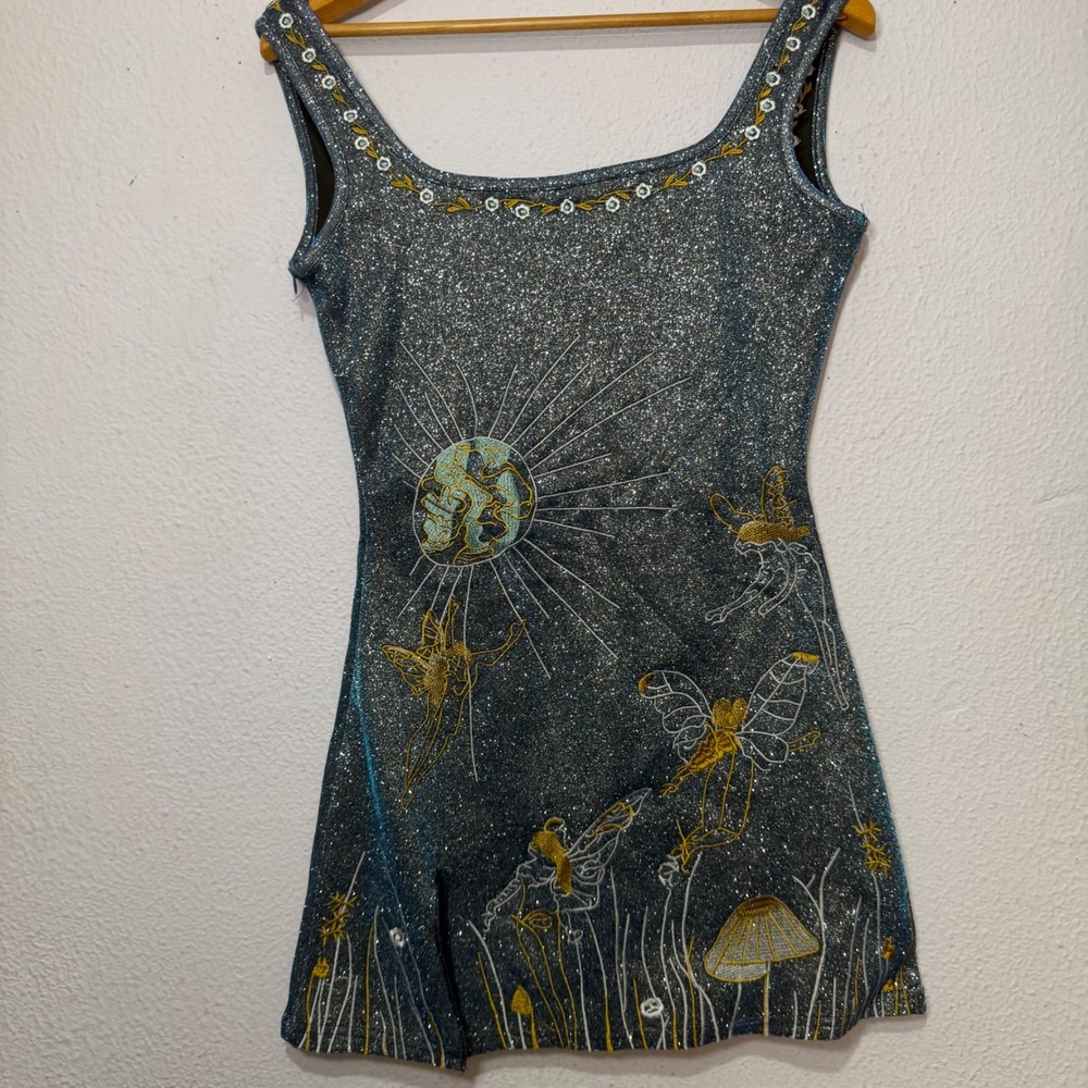 Celestial Whimsigoth Fairy Mushroom Glitter Mini Dress Silver Blue XS Festival